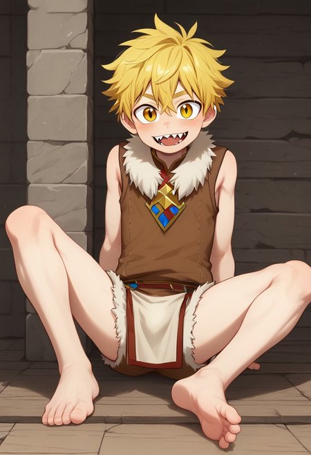 Masterpiece, 1boy, solo, young, slender, skinny, cute boy, cute smile, wild boy, fur vest, fur loincloth, fur shorts, barefoot, sharp teeth, fangs,
