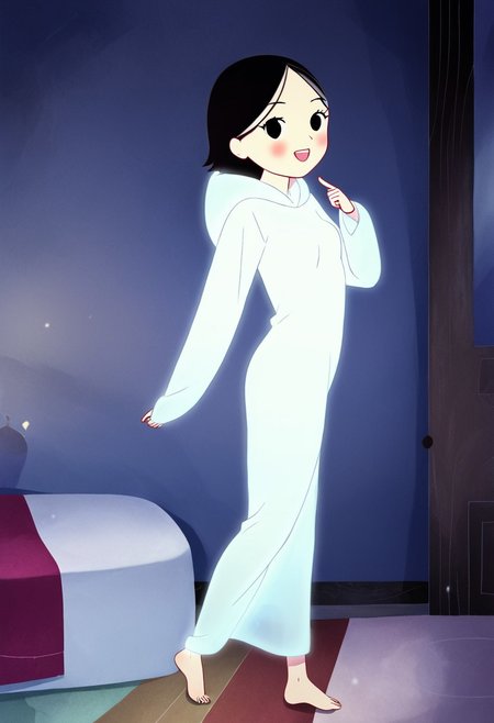 zPDXL3, source_cartoon, Perfect Hands, full body,
1girl, solo, aged down, bedroom, looking at viewer, saoirse, black hair, black eyes, blush, ghost, hood up, robe, barefoot, glowing, dancing on bed, from behind, facing at viewer, feeling cold, eyes open, smile, open mouth, sleeve past wrist, slim body, highlight cloth wrinkle, anime style, kicking, jumping,
<lora:Perfect Hands:1>  <lora:Saoirse_-_The_Song_of_the_Sea-000009:1>