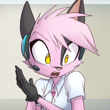 anthro, female, solo, clothing, hair, fur, open mouth, yellow eyes, handwear, gloves, pink body, pink hair, electronics, pink fur, headphones, screencap, headset, mammal, canid, canine, felid, feline, felis, domestic cat,
 <lora:vi_noobai:0.8>,