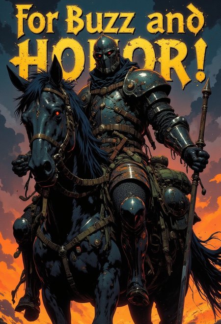 A knight riding a horse, ,dark colors,sword pointed to the sky. Text in golden font "For Buzz and Honor!" CAICO
