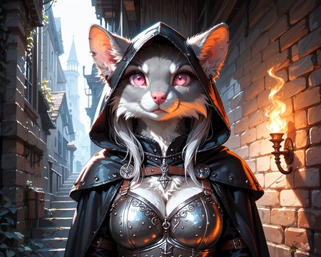 (score_9, score_8_up, score_7_up), Best quality, realistic, photorealistic rendering, inside, torchlight interplay on fur, stone walls, (dimly lit), Lifelike hair gloss, Photorealistic color grading, expressiveh, (close up), portrait, (((full-body shot))),
<break>
Skaven, ratfolk, solo, furry 1girl, grey fur, glowing neon pink eyes, rogue, (medieval leather armor), long black cape, detailed face, knicked ear, black hood, scar over eye, ears through hood, cautious, serious tone, (((detailed fur, fur tufts, thick fur))), (holding a dagger), (((grey fur), silver hair)), medium length hair, (bangs), cleavage, gothic fashion.
1girl has back pressed against wall, preparing to look around corner, 
1man in the distance walking towards viewer.