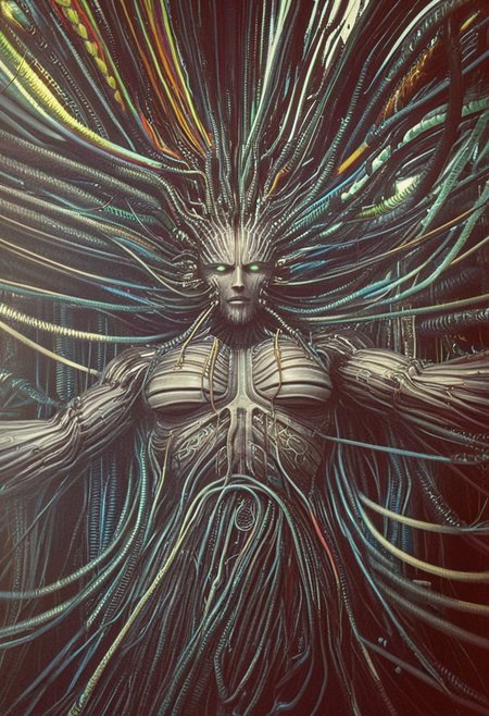 Chris Cold, by Florent Desailly, muscular with exoskeleton lots of thick cables, cables everywhere, EdobHorrorLandscape(((the electric state book by Simon Stalenhag))), by Peter gric, H.R Giger, Chris Cold, by Florent Desailly, humanoid horizon zero dawn, by Peter gric, muscular body with exoskeleton lots of thick cables, F Scott Hess, Hyperrealism style, epiCPhoto, BadDream (((system shock shodan))) 