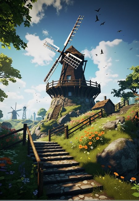 (epic:1.2), trending on artstation, (high quality:1.2), (masterpiece:1.2), high details, incredibly absurdres, colorful), (vintage:1.33), (neon:1.33), (dreamlike:1.29), (Ori and the blind forest game style:1.36), (South Park Style:1.27), (Over-the-shoulder shot:0.98) (mug shot:1.36) ,, (object: (penrose stairs:1.29))  , , (location:(windmill:1.21))