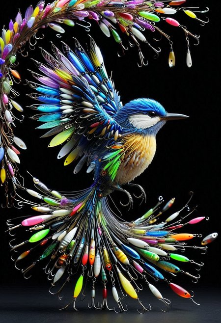 reality-shot, realism, realistic photography of a very detailed bird made of fishing lures, awesome appearance, magical landscape with enchanted elements, fantasy art style, wisteria theme, intricate details, ultra sharp, exquisite detail, flawless composition, vivid colors, masterpiece, exciting background   <lora:Fishing_Lures_-_World_Morph:1> F15HLUR35,