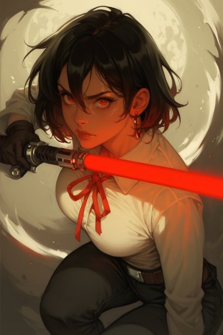 1girl, weapon, sword, solo, red eyes, earrings, jewelry, black hair, holding sword, looking at viewer, holding weapon, shirt, breasts, pants, holding, glowing, short hair, white shirt, black pants, ribbon, lips, hair between eyes, glowing sword, red ribbon, glowing weapon, , closed mouth, nose, long sleeves, gloves, collared shirt, large breasts, neck ribbon, medium breasts, eyelashes, artist name, black gloves, lightsaber, star wars, zPDXL3, detailxl,  Score_PnyReal, (lineless:1.5)