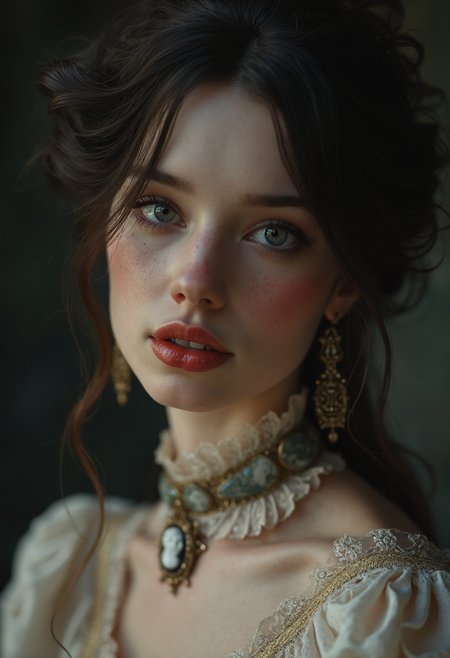 A high-resolution, close-up portrait of a young woman in her early twenties with a soft, innocent expression, exuding a sense of Victorian elegance. She has fair, porcelain skin and wide, doe-like eyes that sparkle with a hint of mystery. Her lips are painted a gentle rose shade, slightly parted to reveal the faintest glimpse of sharp, delicate fangs, hinting at her hidden vampiric nature. Her dark, wavy hair is styled in an elegant Victorian updo adorned with a lace ribbon. She wears a vintage, high-collared dress with intricate lace details and a cameo brooch at her neck, evoking both innocence and old-world charm. The background is dimly lit, with shadows that seem to subtly encroach, adding an eerie, gothic atmosphere to the scene. Soft, diffused lighting highlights her delicate features, casting a gentle glow over her pale complexion, giving her an ethereal, haunting beauty that feels both inviting and unsettling
 glow effects, godrays, Hand drawn, render, 8k, octane render, cinema 4d, blender, dark, atmospheric 4k ultra detailed, cinematic, Sharp focus, big depth of field, Masterpiece, colors, 3d octane render, 4k, concept art, trending on artstation, hyperrealistic, Vivid colors, extremely detailed CG unity 8k wallpaper, trending on CGSociety, Intricate, High Detail, dramatic  intricate, detailed . magnificent, celestial, ethereal, painterly, epic, majestic, magical, fantasy art, cover art, dreamy