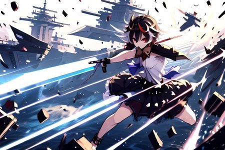 solo, 1girl, solo_focus, (((masterpiece))), ((best quality)), ((ultra-detailed)), high resolution, absurdres, highres, ultra-detailed 8k unity wallpaper, 
firing, laser, debris, 
kijin_seija, solo, 1girl, too_many_lace, lace, skirt, ribbon, multicolored_hair, jewelry, puffy_sleeves, short_sleeves, earrings, puffy_short_sleeves, bowtie, red_hair, streaked_hair, sailor_collar, stud_earrings, horns, arrow_\(symbol\), sandals, short_hair, red_eyes, bow, bracelet, dress, hair_flaps, 
buster_sword, huge_sword, holding_sword, sword_over_shoulder,  
anchor, holding_anchor, huge_big_anchor, fusion_of_anchor_and_sword, 
cloud strife, shoulder armor, sleeveless turtleneck, suspenders, belt, baggy pants, gloves, bracer, boots,