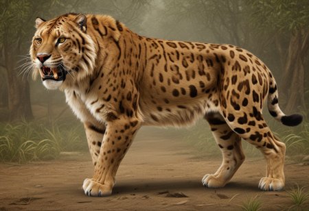 Smilodon neogaeus, saber tooth, ancient panther, power animal with features of several modern felines, golden tabby body pattern with rosettes and stripes, soil, river, forest, claws, golden tabby tigon liger hybrid, looks like a huge tiger hybrid jaguar with the coat pattern of a clouded leopard, full body, grass, trees