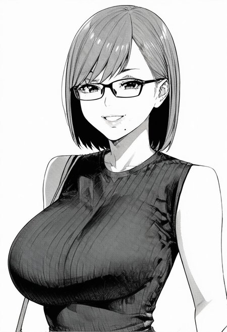 score_9_up, score_8_up, score_7_up, high quality, masterpiece, source_anime, kanaesensei, 1girl, monochrome, greyscale, breasts, solo, mole under mouth, mole, large breasts, smile, looking at viewer, sleeveless, upper body, white background, bag, simple background