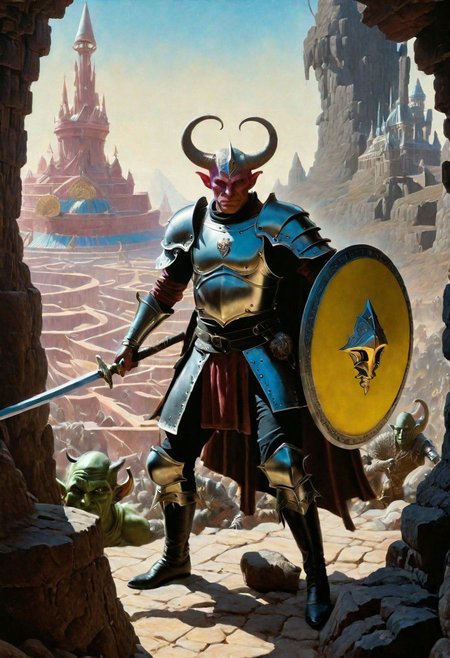 A hyperrealistic 8k photograph was captured by Sid Avery's Hasselblad camera, depicting close-up a handsome+ Tiefling shield bearer with pink++ skin and slender build during a battle+++, surrounded by goblins++, He has a bald head, neon yellow eyes, calm++ and handsome+ and detailed face, cold smile++, mysterious and ominous aura of dark shadows enveloping the figure, Lovecraftian Horror-themed, in the artistic style of Boris Vallejo, Shadows casting an uncanny atmosphere, hints of eldritch dark energy crackling, He is dressed in a gothic plate armour, high details and era-appropriate, He is wielding a Backsword+ in the right hand, and he is holding a steel shield++ in the left hand, Backdrop (background) of a focused scene of a battle with goblins next to a crystal palace, Mysterious composition, imbued with a dark, ambient 3d warm studio backlight.