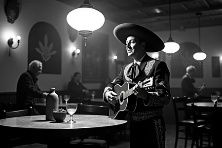 <lora:Mexican Noir Style-flux:1> mxnoirsty, black and white, dark,   Mariachi Lament in a Cantina (Kodak Tri-X 400 Film, Deep Contrast with Spotlight Effect)
A lone mariachi stands beneath a hanging lantern in a dimly lit cantina, his guitar resting on his knee. His traje de charro is impeccably embroidered, but dust from the long road clings to his polished boots. He sings a bolero about lost love, his deep voice filled with sorrow. The light casts dramatic shadows over his face, emphasizing the intensity of his expression. In the background, an old bartender polishes a glass, his gaze filled with knowing sympathy. The camera captures the raw emotion with a high-contrast noir aesthetic, every wrinkle and detail stark against the deep blacks and grays.