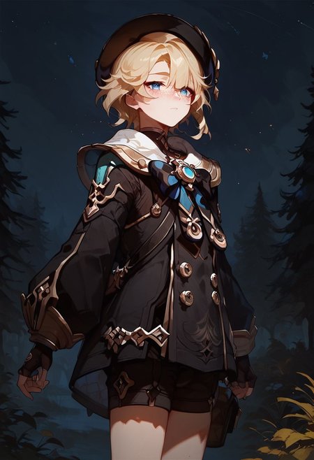 score_9, score_8_up, score_8, anime style, score_9, score_8_up, score_8, anime style, source_anime,
1 boy, otoko no ko, trap, androgynous, freminet, genshin impact, solo, 1boy, male_focus, blush, freckles, blonde hair, blue eyes, young, hat, forest background, dark, night, night sky, standing, concept art, realistic, dark theme, low light, <lora:freminetXL-fine:0.8>