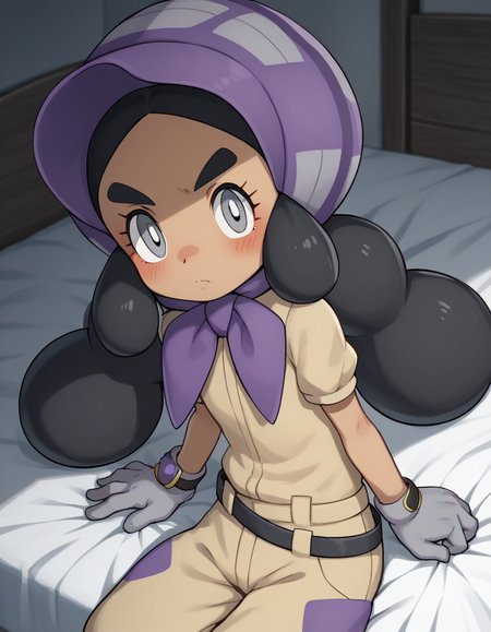 score_9, score_8_up, score_7_up, source_anime,
pokemonhapu, <lora:pokemon-hapu-ponyxl-lora-nochekaiser:1>,
hapu, long hair, black hair, twintails, dark skin, dark-skinned female, grey eyes, thick eyebrows, bright pupils, white pupils,
gloves, short sleeves, belt, black belt, purple headwear, bonnet, grey gloves, jumpsuit,
indoors, bed, bed room, on side, blush, drunk,
looking at viewer, solo, cowboy shot, dutch angle,