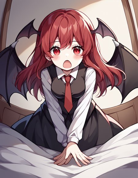 score_9, score_8_up, score_7_up, source_anime, <lora:koakuma-ponyxl-lora-nochekaiser:1>, koakuma, red eyes, red hair, long hair, sidelocks, medium breasts,, bat wings, black dress, black pantyhose, black skirt, black vest, dress, head wings, long sleeves, multiple wings, necktie, pantyhose, red necktie, shirt, skirt, vest, white shirt, wings,, bedroom, alarm clock, morning routine, yawning, stretching, on bed,, , <lora:x-arms-ponyxl-lora-nochekaiser:1>, x arms, blush, open mouth, leaning forward,, looking at viewer, solo,, dutch angle, cowboy shot