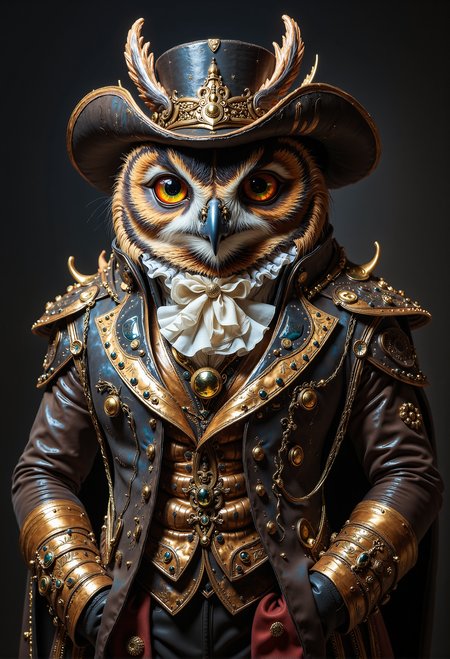 cinematic film still . anthropomorphism. Create a portrait of an owl dressed in 18th-century men's attire. The owl wears an elaborate, ornate waistcoat, a ruffled cravat, and a classic tricorn hat, all rendered in rich fabrics and intricate patterns.  , photography, Hyper-realistic, 16k resolution, (masterpiece, award winning artwork), many details, extreme detailed, full of details, Wide range of colors, high Dynamic, theW3iRDi3Sv2, midjourneyv6.1 <lora:flux_vividizer.safetensors:0.6>,  <lora:aidmaMJ6.1-FLUX-V0.1.safetensors:0.5>,  <lora:artisketchyfs-v02.safetensors:1.0>,  <lora:ARTifacts.safetensors:0.5>,  <lora:The Weirdies [Flux]_R.safetensors:0.5>,  . shallow depth of field, vignette, highly detailed, high budget, bokeh, cinemascope, moody, epic, gorgeous, film grain, grainy