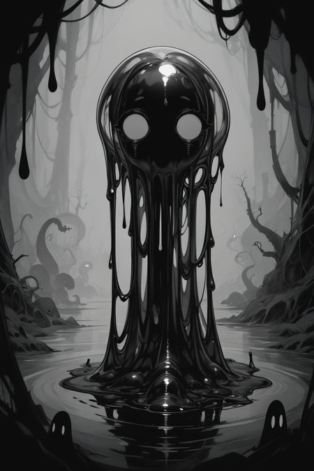 score_9, score_8_up, score_7_up, score_6_up, score_5_up, score_4_up, <lora:GRIM_v1:1>  greyscale, monochrome, limited palette, horror (theme), eldritch abomination, chaotic, silhouette,, <lora:wizardslimev15-t:1> wizardslimus, slime skin, transparent head, transparent body, transparent hair, transparent face, transparent, slime girl