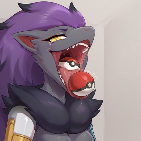 score_9, score_8_up, score_8, Shiny pokemon, shiny Zoroark, (purple hair, yellow eyes, black body:1.3), (pokeball), face shot, (maw shot:1.3), (open mouth:1.3), (pokeball in mouth, pokeball vore, swallowing poke all, object vore, swallowing object, disappearing inside, almost completely inside:1.3), (smug:1.3), Zoroark, pokeball, close up, (big mouth:0.7), pokeball in throat, long snout, (swallowing:1.2), internal, solo, (Looking at viewer), (disappearing inside), (inside),
A Zoroark swallowing a pokeball that's is in the back of her throat, about to disappear forever, deep inside her throat, the pokeball is all the way in her mouth and going into her throat as she swallows it, (swallowing ball), (prosthetic left arm, metal left arm, silver left arm, silver left shoulder, prosthetic shoulder:1.2), simple background, one of her arms is a silver prosthetic, but the other one is normal. (Only one prosthetic arm:1.3)