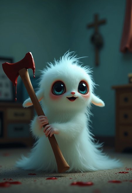 cute adorable, ghost-like creature with large, expressive eyes that capture a sense of wonder and curiosity. The creature's should be soft and illuminate , with shades of white that blend seamlessly with its dark surroundings. It is carrying an bloody axe in a teenager room