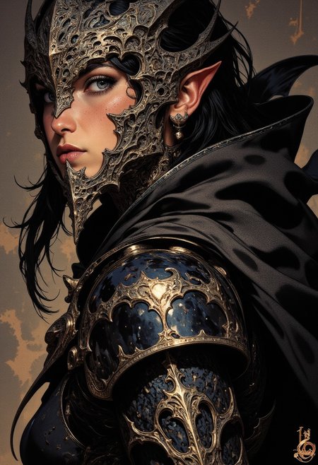 CAICO, Silhouette Art, breathtaking detailed, masterpiece, awe-inspiring, radiant, magnificent. stunning oriental female hellknight, small demon horns, long black hair, bangs, dark eyeshadow, red lips, direct eye contact, spiked black reflective armour, High Detail, Perfect Composition, in shadow, high contrast, silhouetted, chiascuro