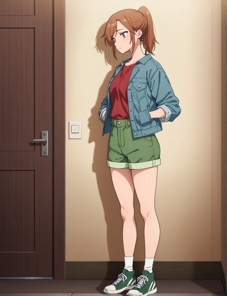masterpiece,best quality,amazing quality,very aesthetic,absurdres,newest, huge filesize,
<lora:spo_sdxl_10ep_4k-data_lora_webui:0.5>,anime coloring, 
<lora:illustrious_quality_modifiers_masterpieces_v1:1>
<lora:AKI_Lonely_Castle_in_the_Mirrorr:1>
1girl,AKI, ponytail, long hair, 
short hair,
brown hair,
casual outfit,
denim jacket,
red shirt,
green shorts,
sneakers,
white socks,
standing pose,
relaxed expression,
hands in pockets,