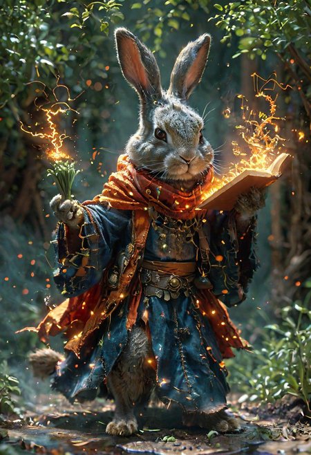 amazing quality, masterpiece, best quality, hyper detailed, ultra detailed, UHD, perfect anatomy, magic world,
(rabbit and carrot:1.4), carrot in the air, spell magic to get fresh carrot as food,( carrot jumping from magic book:1.3), energy flow,
a full body of a cute rabbit, kawaii, wearing witches robe, witches hat, holding magic book, magic book on one hand, spell magic,
<lora:Fantasy_Wizard__Witches_SDXL:0.75>, hkmagic,
<lora:add-detail-xl:1.0>,
<lora:EnvyBetterHiresFixXL01:1.0>,
<lora:extremely_detailed:1.2>, extremely detailed,
<lora:glowneon_xl_v1:0.75> glowneon, glowing,