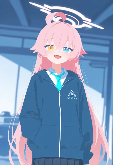 masterpiece, best quality, amazing quality, very aesthetic, newest, general,
solo, hoshino \(blue archive\), blue archive, heterochromia, fang, blue eyes, hair between eyes, yellow eyes, pink hair, very long hair, ahoge, halo, pink halo, small breasts, happy,
(school uniform:1.2), school uniform under jacket, (opened navy blue jacket:1.15), standing,
Garage,
minimalism, (no lineart:1.2763), blending, flat color, limited palette, <lora:nyalia:0.3>, <lora:dj_sloppa_ill_v2:0.6>,