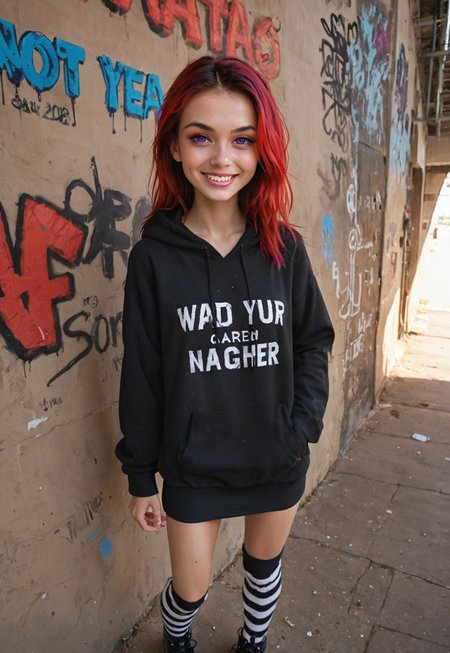 embedding:urn:air:sd1:embedding:civitai:222256@250708, (score_9, score_8_up, score_7_up), 1girl, 20 year old, small breast, front view, (((skinny))), two-toned hair, black and red hair, pretty face,  purple eyes,  oversized hoodie, black skirt, striped thigh-high socks, smile, уexhausted, background, outside, WC, graffiti, scifi, volumetric lighting, vivid colours, Expressiveh, g0thicPXL, pov, HDR