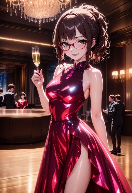 masterpiece, best quality, Ray tracing, hdr, volumetric lighting, highres, detailed background, men and women in background, evening, 1girl, solo, scenery, indoors, modern ballroom, pixiv, (very dark brown messy hair:1.4), green eyes, messy hair, updo, hair bangs, (glasses:1.6), zettai ryouiki, medium breasts, short ruby red crystalline dress, standing, holding champagne glass, naughty face