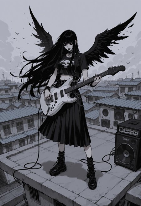score_9, score_8_up, score_7_up, masterpiece, best quality, very aesthetic, 1girl, incoth, (incase:0.6), detailed face, (dynamic:1), stylized, illustration, r17329_illu, G0zeNA_illu, crop top, skirt, goth, heavy metal, extremely long hair, wind, e-guitar, ampifier, speakers, trailer-park, standing on roof, swarmed by demons, wings, badass, 