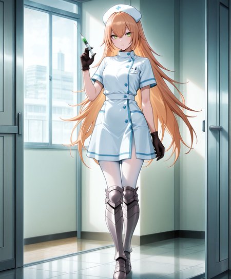 masterpiece,best quality,amazing quality,very aesthetic,absurdres,newest, huge filesize,
<lora:spo_sdxl_10ep_4k-data_lora_webui:0.5>, 
<lora:add-detail-xl:1> overlord,official art, 
anime screenshot,  
<lora:nurse_illustrious_V1.0:0.7> nurse, short sleeves, dress, nurse cap,white pantyhose,holding syringe,
BREAK
<lora:overlord_The_Sacred_Kingdom_V1:0.8> 
overlord_V1,
1girl,
long hair,
green eyes,
gloves,very long hair,
standing,full body,cz2128 delta, 
armored boots,
o_cz2128,
