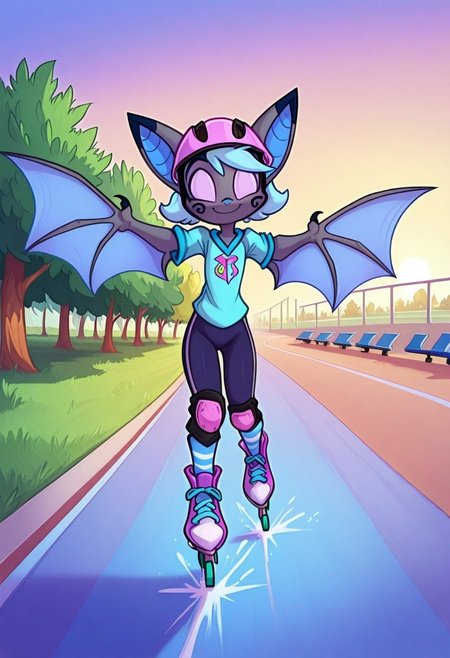 Dreamkeepers,1girl,Prelude_Vanth,solo,furry,source_furry,blue hair,wings,furry,bat wings,
child, kid, 
roller_skates, park_path, helmet, knee_pads, smile, movement, sunset, outdoor, windblown_hair, striped_socks, sneakers, determination, roller skating on a park path at sunset