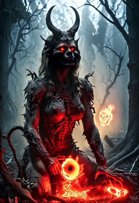 silhouette style, cinematic film still of the silhouette of an disembodied of a female demon,head, multiple eyes, horrific, with a megaphone instead of his head sitting on a branch at night, with glowing eyes, very detailed, haze lighting, backlit, 4k uhd masterpiece, blackmetal style, xerox, black and white, BadDream, UnrealisticDream, Doomguy, soviet poster, femalebonedemon