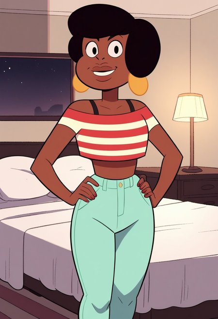 score_8, score_8_up, score_7_up, 1girl, female focus, Solo, Jenny_SU, brown skin, black eyes, large gold hoop earrings, black hair, puffy bob hairstyle, red-white striped crop top, black mini-top underneath, pale sea-foam green jeans, red-colored flats, thick lips, smile, standing, indoors, bed, bedroom, nightstand, lamp, window, looking at the viewer, happy, hands on hips, tall stature, heavy build, head on