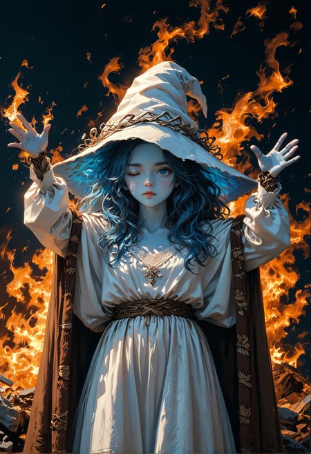 score_9,score_8_up,score_7_up,embedding:zPDXL2, film grain,Cinematic Lighting,colorful, 1girl, arms up, fire, outstretched arms, upper body, ranni-default,ranni the witch,blue eyes,one eye closed,blue hair,wavy hair,4 arms,(multiple faces:1.2),blue skin,colored skin,cracked skin,doll joints,witch hat,white headwear,white dress,long sleeves,fur cloak,brown cloak, burning,golden tree,<lora:增强\(收藏)\sdxl_lightning_8step_lora.safetensors:1.0:1.0> <lora:增强\(收藏)\Midjourney mimic 2.0.safetensors:0.2:0.2> <lora:(风格)\Photo 2 Style SDXL_LoRA_Pony Diffusion V6 XL.safetensors:0.3:0.3> <lora:增强\(收藏)\Midjourney mimic 1.2.safetensors:0.6:0.6> <lora:(风格)\(收藏)\fiasco_A1.safetensors:0.6:0.6> <lora:(风格)\(收藏)\unholy-000009.safetensors:0.2:0.2> <lora:ElmoRiseMeme_pdxl_Incrs_v1.safetensors:1.0:1.0>