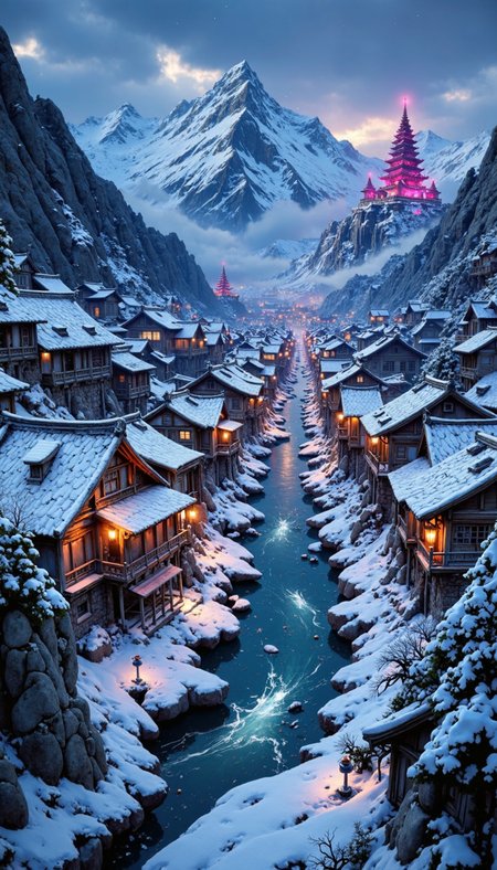 arob,robot,cyborg,metal,steel,cyberpunk,anime,mythp0rt, An aerial perspective of an ethereal, snow-dusted oriental village nestled in a valley.  Vermilion and amber lights from traditional wooden houses with upturned eaves cast a warm glow against the twilight sky, contrasting with the cerulean blue of the snow-capped peaks piercing the horizon.  Focus on creating a hyperrealistic, almost otherworldly ambiance, emphasizing the interplay of light and shadow on the snow, water, and architecture.  In the distance, a multi-tiered pagoda, bathed in a vibrant magenta light, should be a focal point. The icy river snaking through the village, reflecting the warm lights and cool moonlight, adds to the ethereal atmosphere. Incorporate a subtle volumetric fog for added depth.