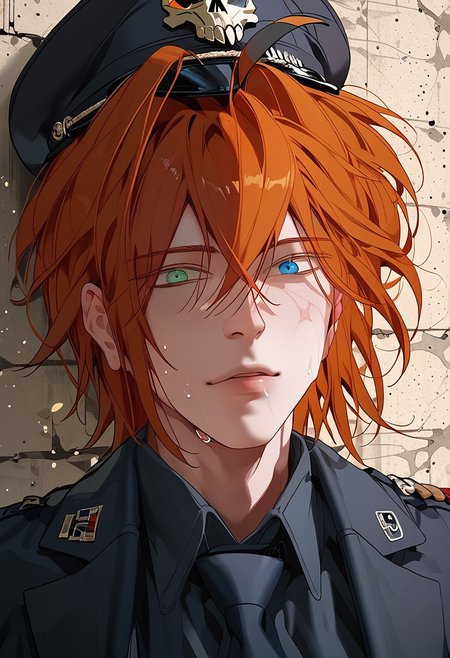 score_9, score_8_up, score_7_up, score_6_up, source_anime, 2d, 1boy, handsome boy, athletic body, manly boy, toned body, toned, male focus, solo, sweat, <lora:Chaos__Hero_Killer__Manhwa__webtoon:1>, Chaos, heterochromia, blue eye, green eye, auburn hair, medium hair, scars all over the body, closed lips, perface face, (perfect face, perfect eyes:1.2), looking at viewer, bishounen, toned male, solo, athletic build, large pectorals, abs, six pack, pecs, cute boy in his mid twenties, alleyway background,  <lora:warden-ponyxl-lora-nochekaiser_r1:1>, skull hat ornament, uniform, military uniform, black uniform, hat, cap, black cap, armband, collared shirt, black necktie, hand behind back, straight posture, swastikas armband