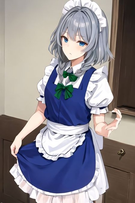 Sakuya, maid headdress, izayoi sakuya, braid, twin braids, grey hair, short hair, sakuya, solo, looking at viewer, bow, blue eyes, hair bow, green bow, bangs, maid, puffy sleeves, short sleeves, apron, dress, blue dress