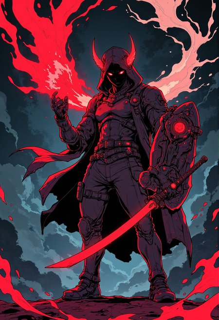 a dynamic and intense anime-style illustration featuring A mysterious Dungeon warrior with red face, holding a magic orb in one hand and a shield made from a wolf's head in the other. The magic orbs burst out abstract splashes of swirling magic energy. He is dressed in bright armor with scales and vibrant accents, ready for battle with an intensive stance. In the style of hauntingly atmospheric dark fantasy, abstract splashes of vibrant colors<lora:Let_It_Blaze_in_Crimson_anime_v1.0:0.8>