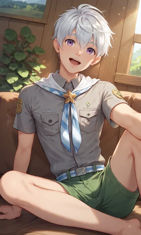 score_9, score_8_up, score_7_up, masterpiece, best quality, lots of details, close-up, ((1boy)), Felix, solo, (slim:1.2), open mouth, light smile, looking at viewer, male focus, sitting, on sofa, grey shirt, short sleeves, striped blue-white neckerchief, green shorts, shaded, detailed shading, detailed skin, shaded skin, realistic shading, Expressiveh, countershading:1.1, cabin, living room, indoor plant, indoors,  <lora:add-detail-xl:0.7>, <lora:Smooth Anime 2 Style SDXL_LoRA_Pony Diffusion V6 XL:0.8>, <lora:Expressive_H:0.8>,  <lora:Felix_XL_V10:0.9>