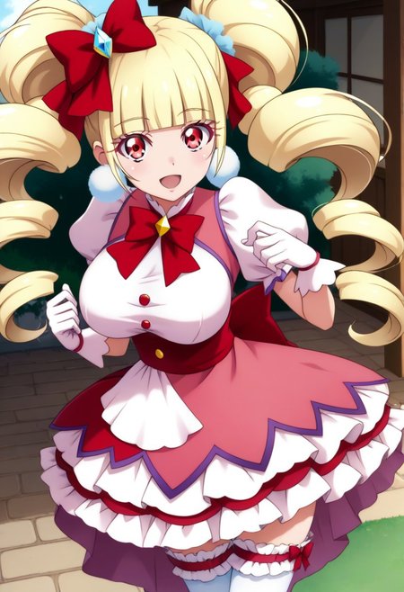score_9, score_8_up, score_7_up, source_anime, (nsfw1.0), BREAK, 
curemacherie, cute 1girl, (large breasts:1.6), skinny body, (short stature:1.5), (shortstack:0.7), red eyes, blond hair, twintails, 
pink clothes, pom pom earrings, pink ribbon, white gloves, frilled thighhighs, puffy sleeves, layered dress, (mini skirt), porch, wrist bow, jewelry, 
shiny skin, 
smile,  
strike a pose, looking at viewer, 
angle:random, 
background:random,