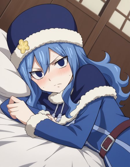 score_9, score_8_up, score_7_up, source_anime,
juvialockser, <lora:juvia-lockser-s7-ponyxl-lora-nochekaiser:1>,
juvia lockser, long hair, blue eyes, blue hair, wavy hair, hair between eyes,
hat, dress, belt, fur trim, fur hat, capelet, blue dress, long sleeves,
indoors, bed, bed room, on side, blush, drunk,
looking at viewer, cowboy shot, dutch angle,
