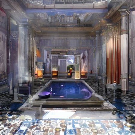 (masterpiece:1.2), (best quality,:1.2), 8k, HDR, ultra detailed, ((photorealistic)), professional light, cinematic lighting, fashion photography, ambient lighting, face lighting, <lora:detail_slider_v4:1>, Fantasy picture, OverallDetail, ancient roman room with columns and a skylight above it and a pool in the middle of the room with a blue floor, RomInt, <lora:RomanInterior-10:1>, epiCPhoto