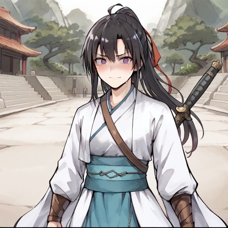 @_@,1girl,two anime characters standing next to each other, one is holding a sword and the other is holding a bow, solo, long hair, looking at viewer, smile, black hair, ribbon, purple eyes, hair ribbon, upper body, ponytail, weapon, male focus, outdoors, sky, sword, red ribbon, letterboxed, sheath, <lora:scaredv4:0.85>,scared expression, shy blush ,nervous, sweating ,,coin, , <lora:live_story_girl:0.7>,medium breasts ,show cleavage,score_9, score_8_up, score_7_up,score_6_up,Carrying a sword,sunset background