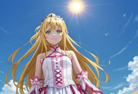 score_9, score_8_up, score_7_up, (((from Front and from below))),
at the beach, sun goes down,3female, little smile,
1, Yue, blonde hair, very long hair, red eyes,
2, Liliana, long hair, blonde hair, ponytail, tiara, green eyes,
3, Tio, yellow eyes, pointy ears, black hair, hair ornament,