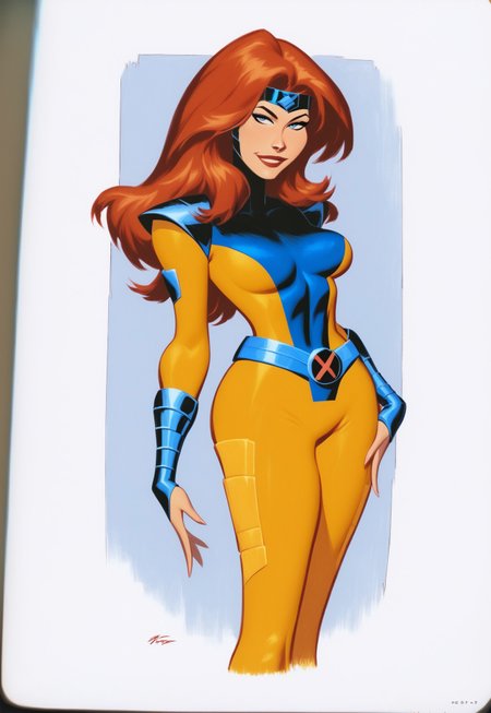 safe_pos, score_9, score_8_up, score_7_up, masterpiece, high quality,
smile, long hair, headband, turtleneck, bodysuit, pauldrons, vambraces, belt, sexy pose, confident, curvy figure, bright colors