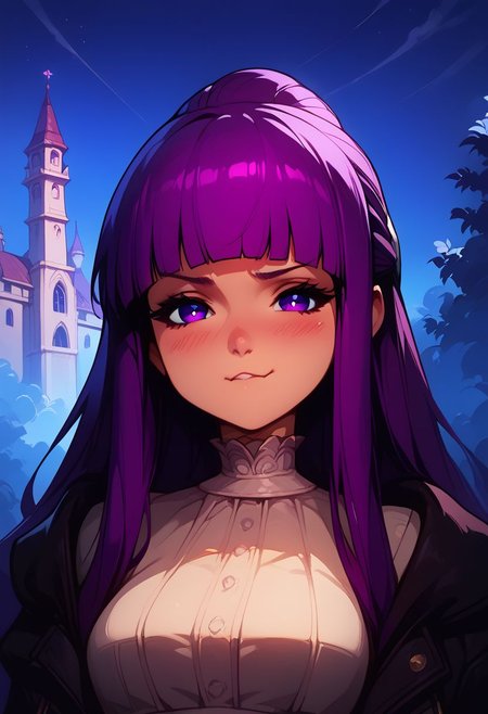 score_9, score_8_up, score_8, medium breasts, (curvy), cute, eyelashes, score_9, score_8_up, score_7_up, source_anime, 1girl, fern \(sousou no frieren\), large breasts, long hair, purple hair, blunt bangs, half updo, purple eyes, open robe, long dress, pout, puffy cheeks, looking at viewer, serious, blush, upper body, outdoors,  smile, blush,
night sky,
