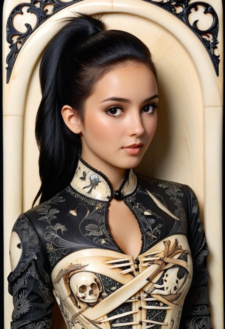 score_9, score_8_up, score_7_up, score_6_up,  ((the whole image is carved out of, ebony, ivory, scrimshaw, bone carving)) 1girl, matte_color, flat color, RyoKaren, tan, brown eyes, black hair, ponytail, (absurdres, best quality, masterpiece:1.4), amazing quality, highres, newest, gothic