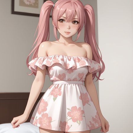 <lora:NocePinkGirl_pony_v1:0.8> PinkGirl, 1girl, solo, twintails, medium breasts, long hair brown eyes, pink hair, cowboy shot <lora:floral_offshoulder_dress_v1.1-pony:1> off shoulder dress, floral print