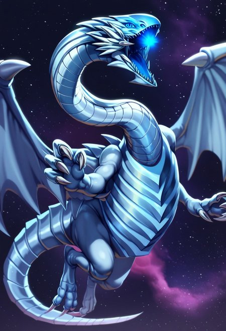 score_9_up, score_8_up, score_7_up, score_6_up, bewd, blue-eyes white dragon, dragon, giant dragon, silver metal scales, metallic scales, realistic metal scales, scaly body, polished scales, reflective metal scales, segmented body, claws, wings, dragon wings, blue eyes, (glowing blue eyes), (Cosmic background)