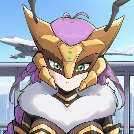 highres, best quality, masterpiece, very aesthetic,1girl,solo,queenbeemon,purple hair,braided ponytail,hair ornament,green eyes,antenna,user_mser7558, <lora:QueenBeemonIllustrious:1>, portrait,cropped,neutral expression,outdoors,airport,airplane